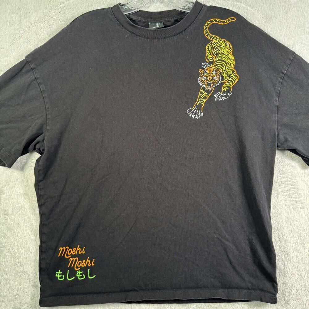 Moshi Moshi Shirt Mens Small Black Graphic Print Ramen Noodle Tiger Koi Fish